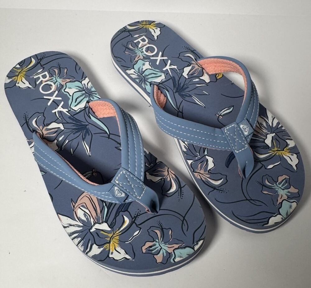 Roxy Girls Flip Flops Blue Floral Thong Sandals Youth Size 4 EU 35